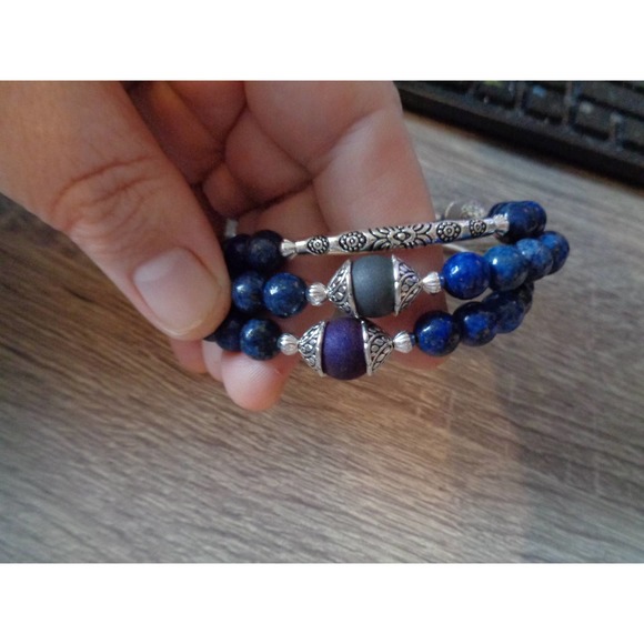 Agate Druzy, Lapis Lazuli Wrap Cuff moon dangle - Picture 7 of 8